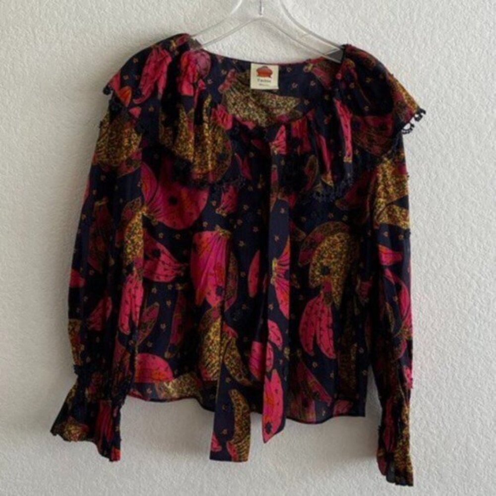 Farm Rio Tropical Print Ruffle Tie Front Cotton Blouse - Picture 2 of 5